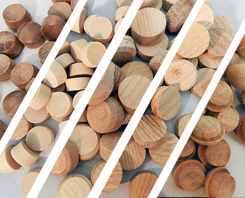 Wooden pin buttons and plug buttons in assorted timber species